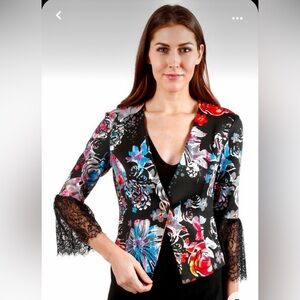 NWT Joseph Ribkoff Multi-Color Floral Print Jacket w/ Lace Bell Sleeves